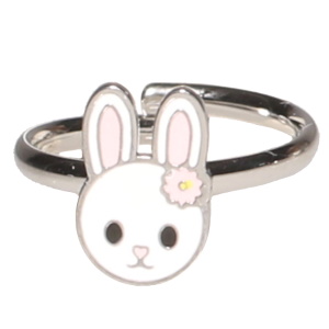 Bague pour enfants en acier argenté avec un lapin pavé d'émail de couleur. Taille ajustable.