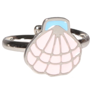 Bague pour enfants en acier argenté avec un coquillage pavé d'émail de couleur. Taille ajustable.