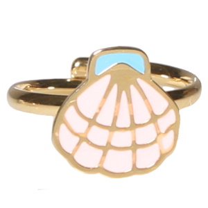 Bague pour enfants en acier doré avec un coquillage pavé d'émail de couleur. Taille ajustable.