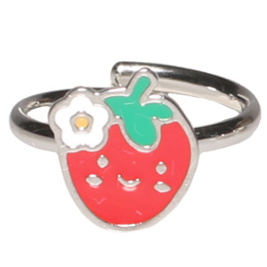 Bague pour enfants en acier argenté avec une fraise pavée d'émail de couleur. Taille ajustable.