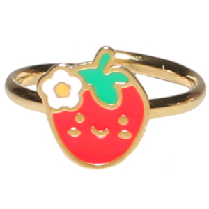Bague pour enfants en acier doré avec une fraise pavée d'émail de couleur. Taille ajustable.