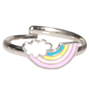 Bague pour enfants en acier argenté avec un arc en ciel pavé d'émail de couleur. Taille ajustable.