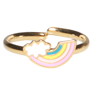 Bague pour enfants en acier doré avec un arc en ciel pavé d'émail de couleur. Taille ajustable.