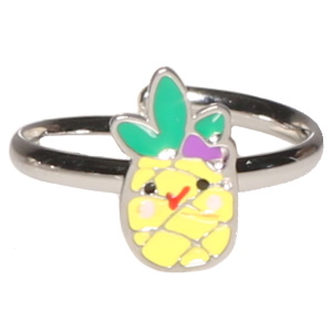 Bague pour enfants en acier argenté avec un ananas pavé d'émail de couleur. Taille ajustable.