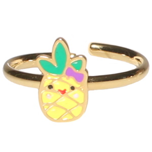 Bague pour enfants en acier doré avec un ananas pavé d'émail de couleur. Taille ajustable.