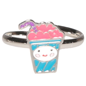 Bague pour enfants en acier argenté avec un verre de granité pavé d'émail de couleur. Taille ajustable.