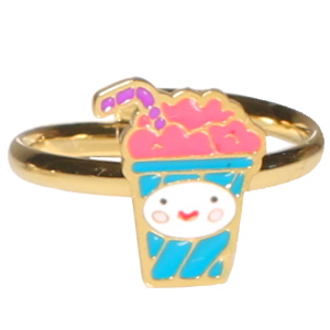 Bague pour enfants en acier doré avec un verre de granité pavé d'émail de couleur. Taille ajustable.