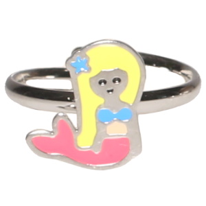 Bague pour enfants en acier argenté avec une sirène pavée d'émail de couleur. Taille ajustable.