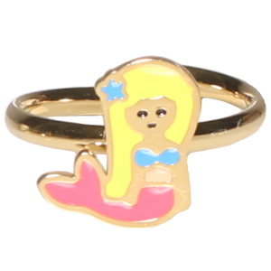 Bague pour enfants en acier doré avec une sirène pavée d'émail de couleur. Taille ajustable.