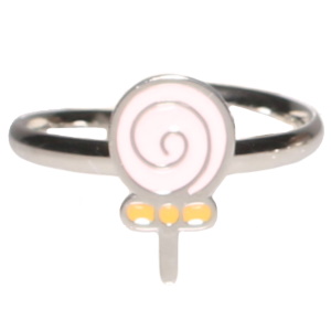 Bague pour enfants en acier argenté avec une sucette pavée d'émail de couleur. Taille ajustable.