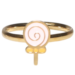 Bague pour enfants en acier doré avec une sucette pavée d'émail de couleur. Taille ajustable.