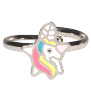 Bague pour enfants en acier argenté avec une licorne pavée d'émail de couleur. Taille ajustable.