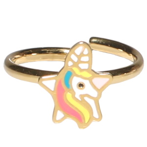 Bague pour enfants en acier doré avec une licorne pavée d'émail de couleur. Taille ajustable.