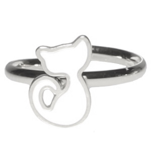 Bague pour enfants en acier argenté avec un chat pavé d'émail de couleur. Taille ajustable.