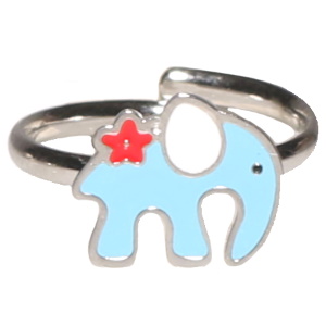Bague pour enfants en acier argenté avec un éléphant pavé d'émail de couleur. Taille ajustable.