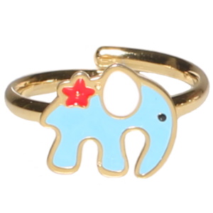 Bague pour enfants en acier doré avec un éléphant pavé d'émail de couleur. Taille ajustable.