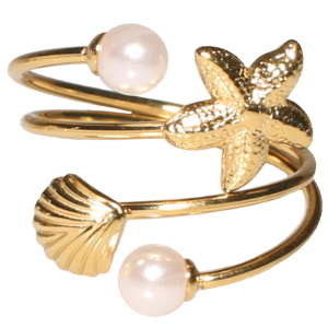 Bague multi rangs en forme de coquillage et d'étoile de mer en acier doré et avec deux perles d'imitation. Taille ajustable.