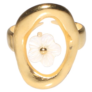 Bague en acier inoxydable doré surmontée d'une fleur en nacre d'imitation. Taille ajustable.