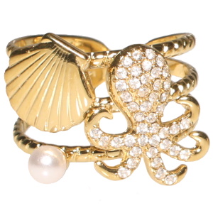 Bague multi rangs en acier doré surmontée d'un coquillage, d'une pieuvre pavée de strass et d'une perle d'imitation. Taille ajustable.