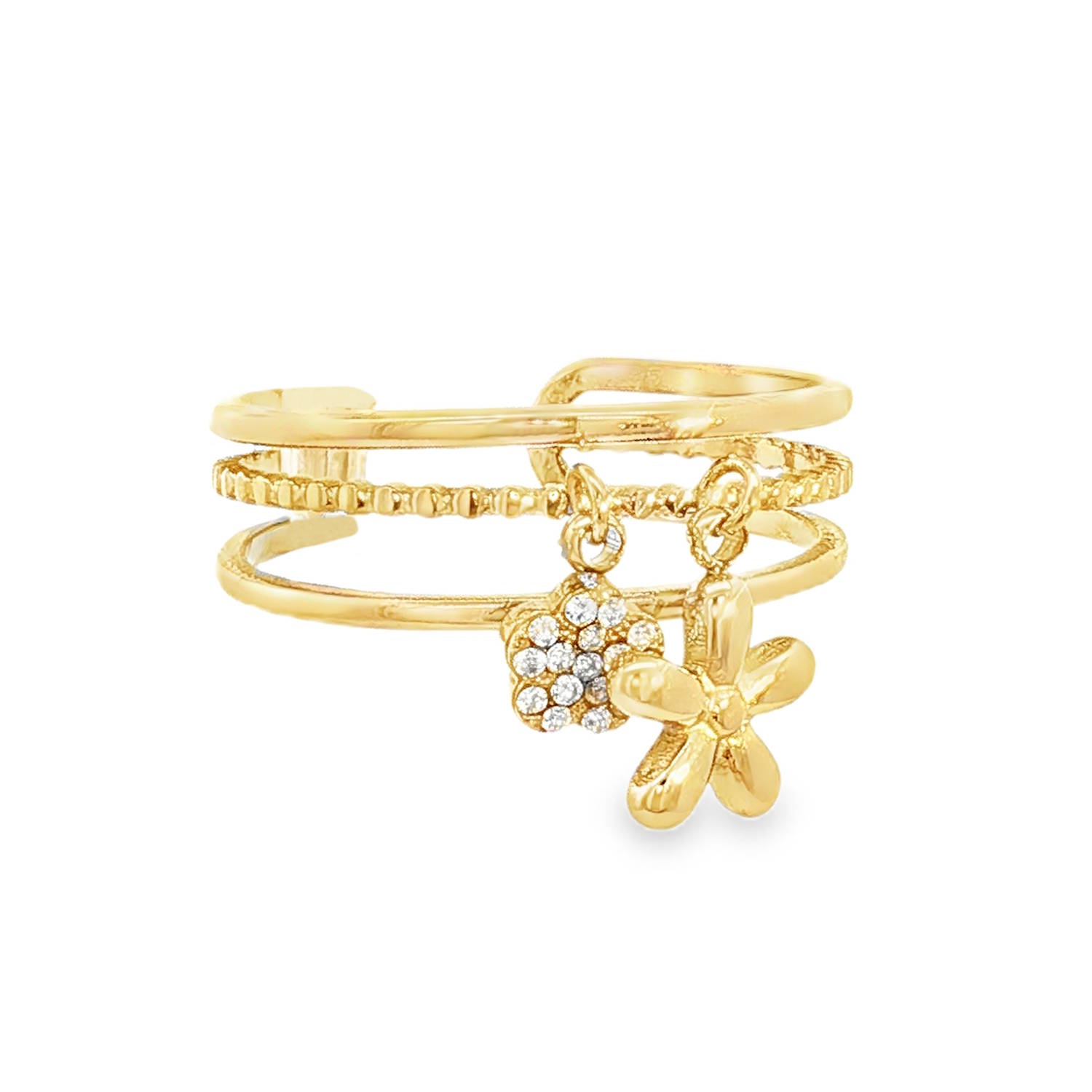 Cette bague est une pièce à la fois moderne et poétique, parfaite pour celles qui aiment les bijoux avec du mouvement.<br/>La bague se compose de trois anneaux distincts reliés à l'arrière, créant l'illusion de porter plusieurs joncs fins. L'anneau central présente une texture perlée qui accroche magnifiquement la lumière.<br/>Deux charmantes fleurs suspendues apportent une touche ludique et féminine.<br/>Une fleur au fini poli miroir lisse.<br/>Une fleur scintillante, entièrement sertie de cristaux pour un éclat précieux.<br/>Sa structure ouverte (ajustable) permet de l'adapter facilement à différentes tailles de doigts, offrant un port agréable au quotidien. Strass Adolescent Adulte Femme Fille Fleurs Indémodable Nature Cette bague est une pièce à la fois moderne et poétique, parfaite pour celles qui aiment les bijoux avec du mouvement.<br/>La bague se compose de trois anneaux distincts reliés à l'arrière, créant l'illusion de porter plusieurs joncs fins. L'anneau central présente une texture perlée qui accroche magnifiquement la lumière.<br/>Deux charmantes fleurs suspendues apportent une touche ludique et féminine.<br/>Une fleur au fini poli miroir lisse.<br/>Une fleur scintillante, entièrement sertie de cristaux pour un éclat précieux.<br/>Sa structure ouverte (ajustable) permet de l'adapter facilement à différentes tailles de doigts, offrant un port agréable au quotidien. Strass Adolescent Adulte Femme Fille Fleurs Indémodable Nature