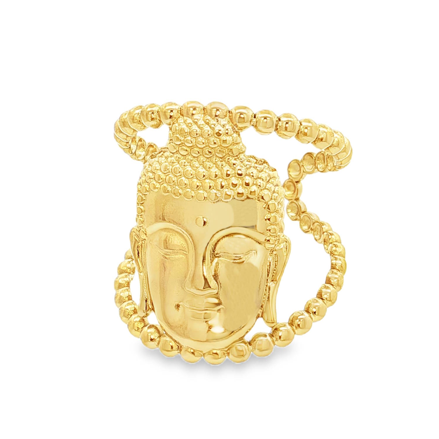 Cette bague en acier inoxydable doré est une pièce à la fois audacieuse et spirituelle, centrée sur une esthétique zen et protectrice.<br/>La bague arbore une tête de Bouddha finement détaillée. Le visage affiche une expression de sérénité absolue avec les yeux clos, des lobes d’oreilles étirés (symbole de sagesse) et l'ushnisha (la protubérance crânienne) représentée par une texture perlée.<br/>L'anneau se distingue par son style boules ou chapelet. Il est composé d'une succession de petites perles métalliques qui encadrent le visage et forment le tour de doigt, rappelant les grains d'un mala (collier de méditation).<br/>Sa structure ouverte (ajustable) permet de l'adapter facilement à différentes tailles de doigts, offrant un port agréable au quotidien. Bouddha Adolescent Adulte Femme Fille Indémodable Personnage Religion Symboles Cette bague en acier inoxydable doré est une pièce à la fois audacieuse et spirituelle, centrée sur une esthétique zen et protectrice.<br/>La bague arbore une tête de Bouddha finement détaillée. Le visage affiche une expression de sérénité absolue avec les yeux clos, des lobes d’oreilles étirés (symbole de sagesse) et l'ushnisha (la protubérance crânienne) représentée par une texture perlée.<br/>L'anneau se distingue par son style boules ou chapelet. Il est composé d'une succession de petites perles métalliques qui encadrent le visage et forment le tour de doigt, rappelant les grains d'un mala (collier de méditation).<br/>Sa structure ouverte (ajustable) permet de l'adapter facilement à différentes tailles de doigts, offrant un port agréable au quotidien. Bouddha Adolescent Adulte Femme Fille Indémodable Personnage Religion Symboles
