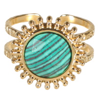 Bague double rangs surmontée d'un soleil en acier doré serti d'une véritable pierre malachite. Taille ajustable.