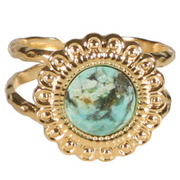 Bague en forme de fleur en acier doré surmontée d'une véritable pierre de turquoise d'Afrique. Taille ajustable.