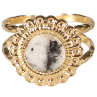 Bague en forme de fleur en acier doré surmontée d'une véritable pierre de lune. Taille ajustable.