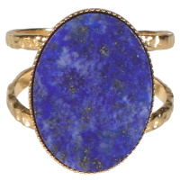 Bague de forme ovale en acier doré surmontée d'une véritable pierre de lapis lazuli. Taille ajustable.