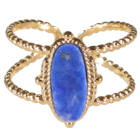 Bague en acier doré surmontée d'une véritable pierre de lapis lazuli. Taille ajustable.