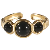 Bague en acier doré surmontée de 3 cabochons de couleur noir. Taille ajustable.