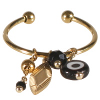 Bague en acier doré avec breloques pendants en acier doré, perles de couleur noire et un œil de Turquie de couleur noir. Taille ajustable.