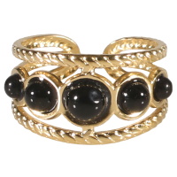 Bague en acier doré surmontée de 5 cabochons de couleur noir. Taille ajustable.