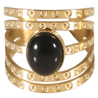 Bague multi rangs en acier doré surmontée d'un cabochon de forme ovale de couleur noir. Taille ajustable.