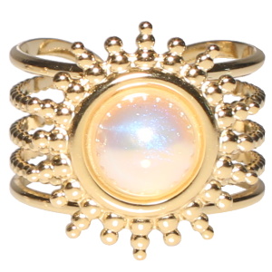 Bague multi rangs en forme de soleil en acier doré surmontée d'une perle d'imitation sertie clos de forme ronde. Taille ajustable.