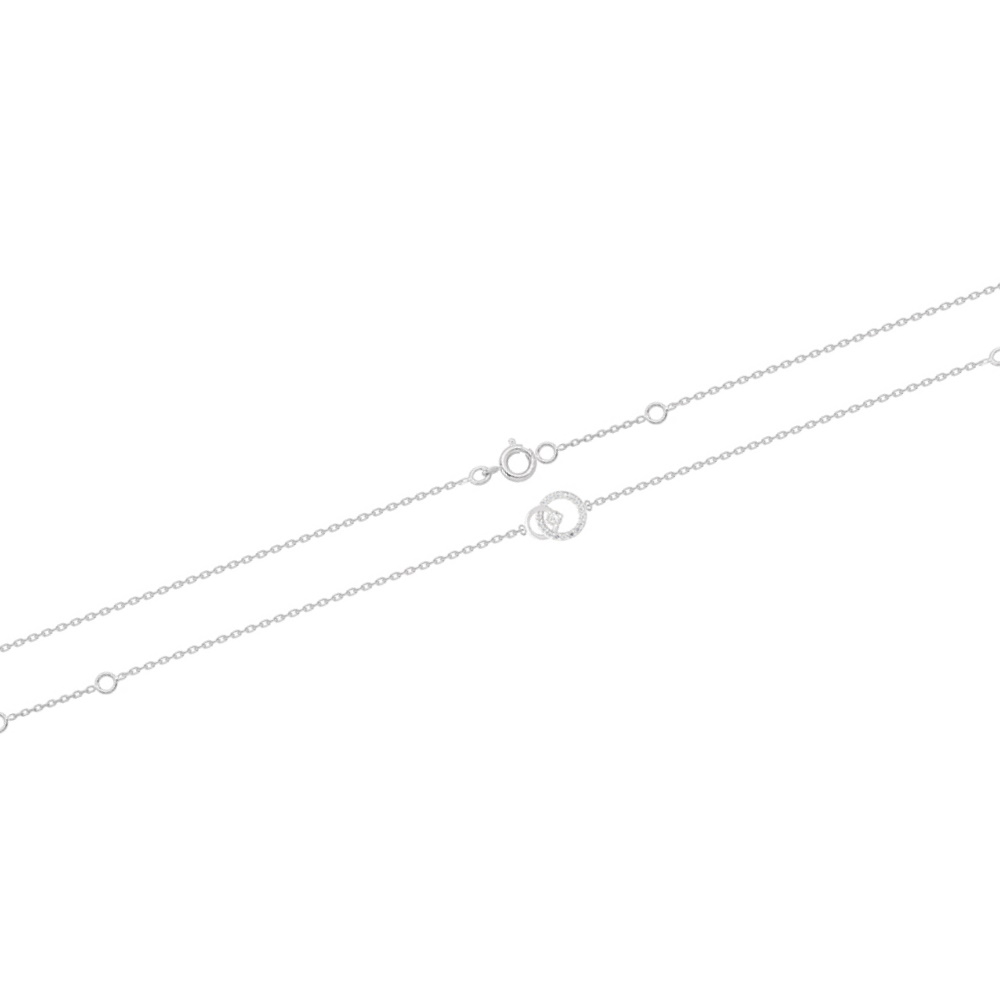 Bracelet composé d'une chaîne et de double cercles en argent 925/000 rhodié dont un pavé d'oxydes de zirconium blancs et surmonté d'un oxyde de zirconium blanc serti 4 griffes.<br/>Fermoir anneau ressort avec anneau de rappel à 15 et 17 cm. Cercle Rond Strass  Adolescent Adulte Femme Fille Indémodable 