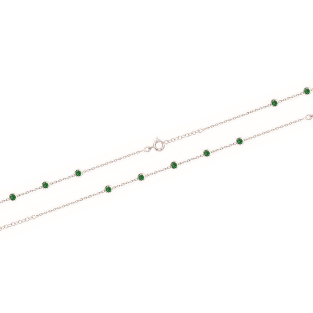 Bracelet composé d'une chaîne en argent 925/000 rhodié et de cinq oxydes de zirconium de couleur vert sertis clos.<br/>Fermoir anneau ressort avec 3 cm de rallonge. Rond Strass  Adolescent Adulte Femme Fille Indémodable 