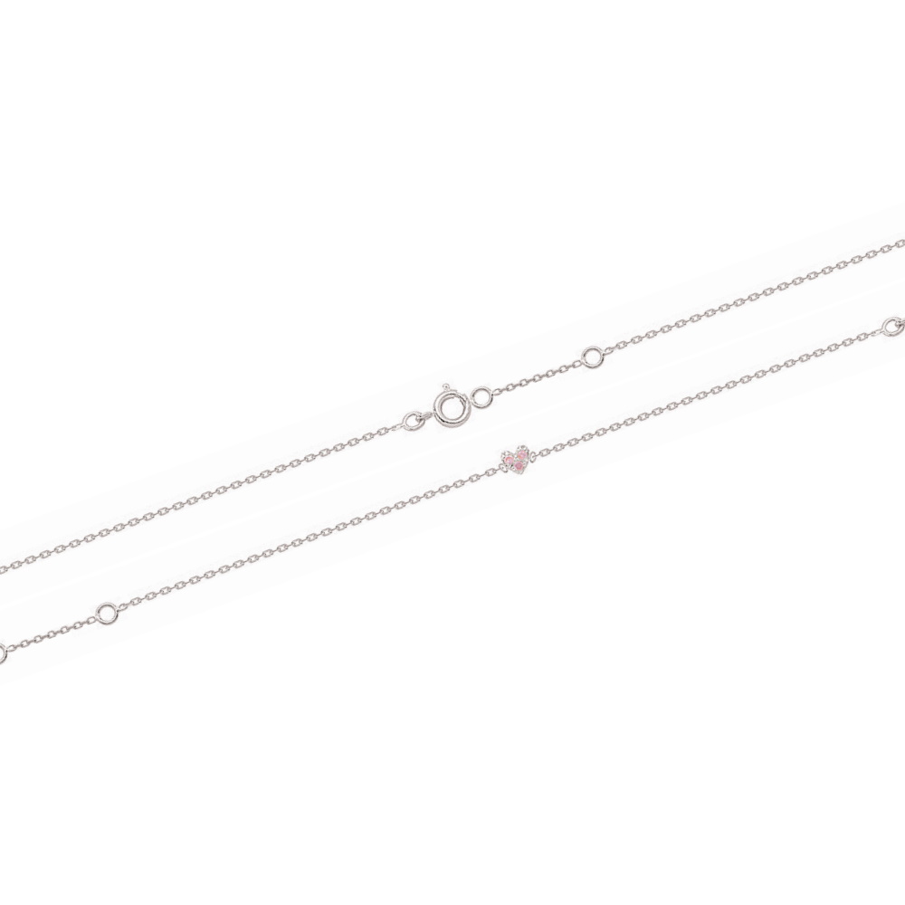 Bracelet composé d'une chaîne en argent 925/000 rhodié et d'un cœur serti d'oxydes de zirconium roses.<br/>Fermoir anneau ressort avec anneaux de rappel à 13 et 15 cm. Coeur Strass  Adolescent Amour Enfant Femme Fille Indémodable 