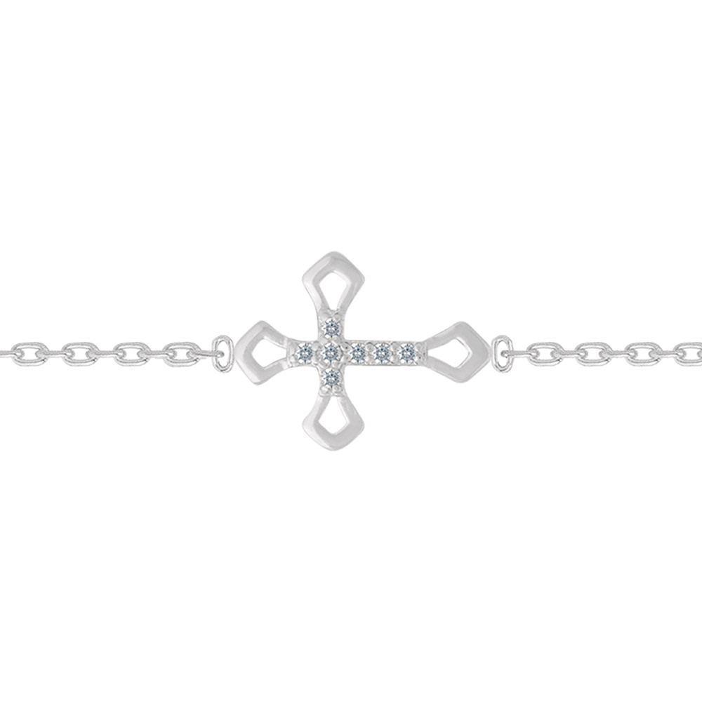 Bracelet composé d'une chaîne en argent 925/000 rhodié et d'une croix pavée d'oxydes de zirconium blancs.<br/>Fermoir anneau ressort avec anneau de rappel à 16 et 16 cm.
 Croix Strass  Adolescent Adulte Femme Fille Indémodable Religion 