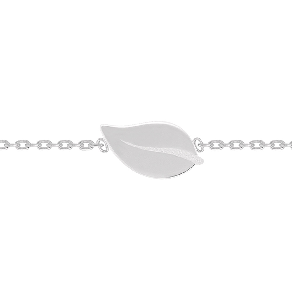 Bracelet composé d'une chaîne avec une feuille en argent 925/000 rhodié.<br/>Fermoir anneau de ressort avec anneaux de rappel à 15 et 17 cm. Feuille  Adolescent Adulte Femme Fille Indémodable Nature 