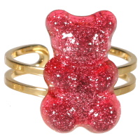 Bague en acier doré surmontée d'un nounours de couleur rose pailletée. Taille ajustable.