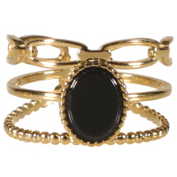 Bague triple rangs en acier doré surmontée d'une véritable pierre d'agate noire sertie clos de forme ovale. Taille ajustable.