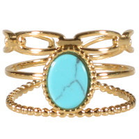 Bague triple rangs en acier doré surmontée d'une véritable pierre turquoise sertie clos de forme ovale. Taille ajustable.