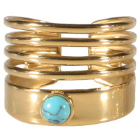 Bague multi rangs en acier doré surmontée d'un cabochon en véritable pierre turquoise. Taille ajustable.