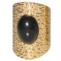 Bague ovale avec motifs en acier doré surmonté d'une véritable pierre d'agate noire. Taille ajustable.