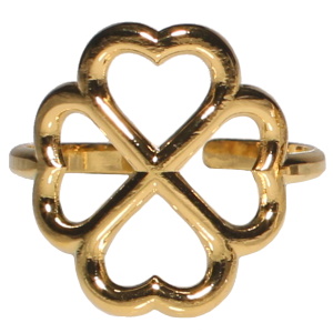 Bague en forme de trèfle à quatre feuilles en acier doré. Taille ajustable.