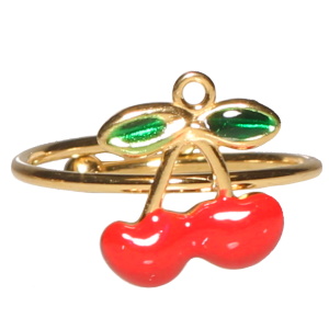 Bague en acier doré surmontée de cerises pavées d'émail de couleur. Taille ajustable.