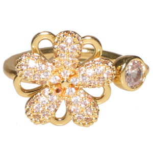 Bague en acier doré avec un strass serti clos et un fleur rotative sertie de strass. Bague anti stress avec un objet rotatif pour soulager l'anxiété et le stress.