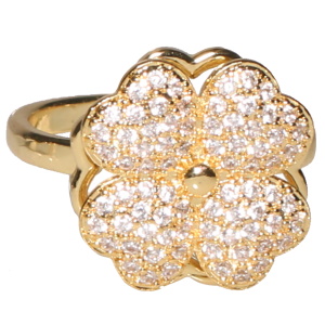Bague en acier doré avec un trèfle à quatre feuilles rotatif serti de strass. Bague anti stress avec un objet rotatif pour soulager l'anxiété et le stress.