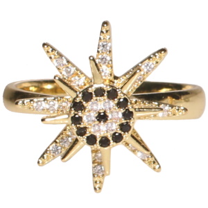 Bague en acier doré avec une étoile sertie de strass surmontée d'une étoile rotative sertie de strass blanc et noir. Bague anti stress avec un objet rotatif pour soulager l'anxiété et le stress. Taille ajustable.